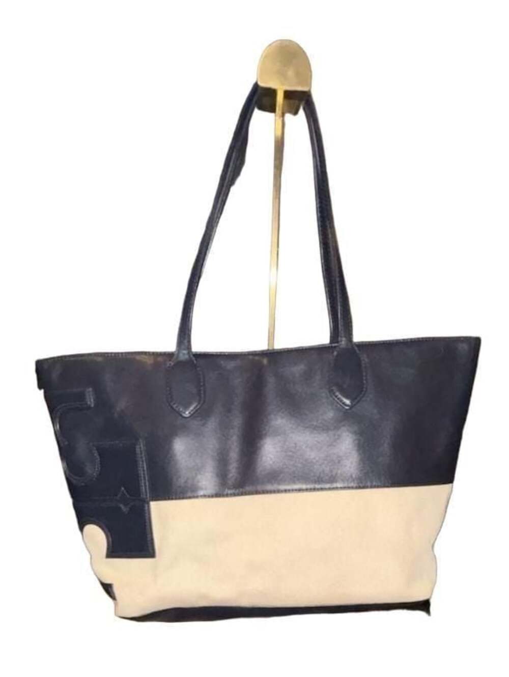 Tory Burch Navy Blue Leather and Beige Canvas Stacked Logo Tote Bag